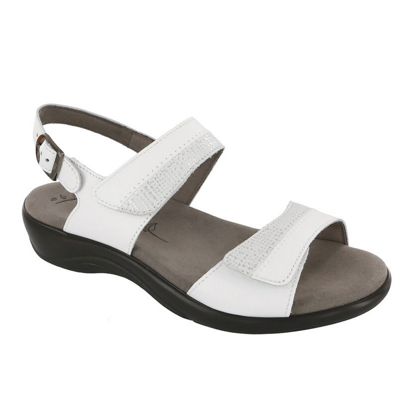 Allen's Bootery Nudu white leather comfort sandal with adjustable straps, decorative stitching, and contoured insole.