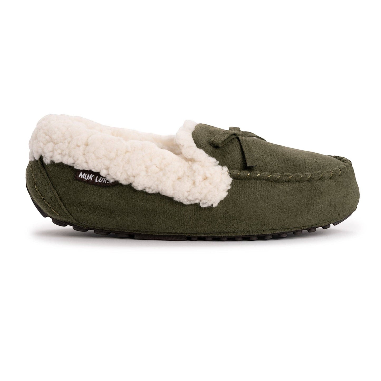 Allen's Bootery women's olive green faux suede moccasin slippers with plush sherpa lining and decorative bow.