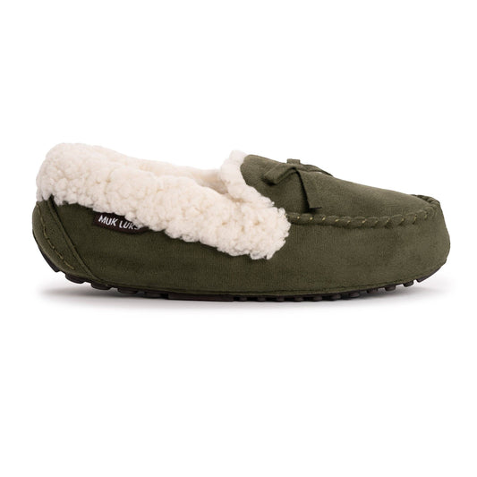 Allen's Bootery women's olive green faux suede moccasin slippers with plush sherpa lining and decorative bow.