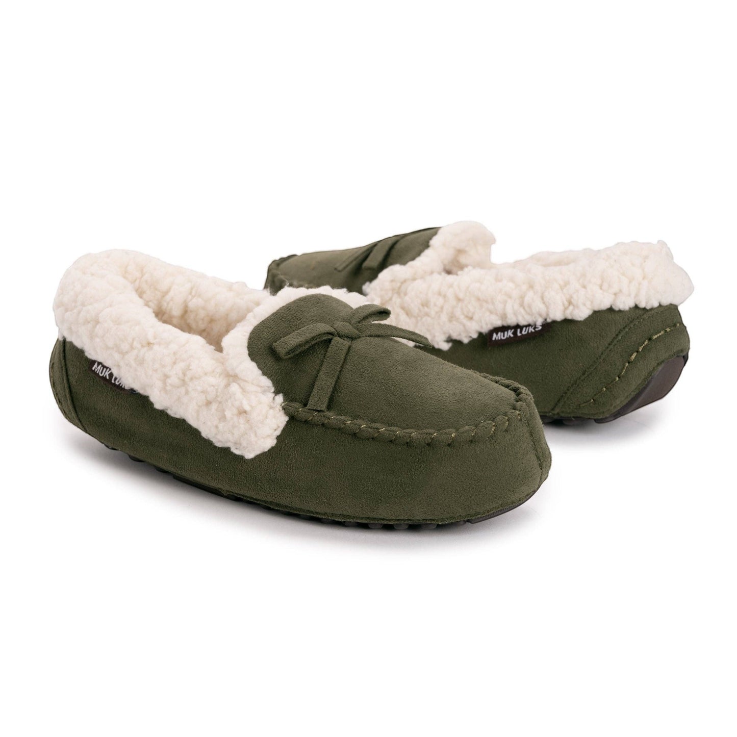 Allen's Bootery women's olive green faux suede moccasin slippers with plush sherpa lining and decorative bow.