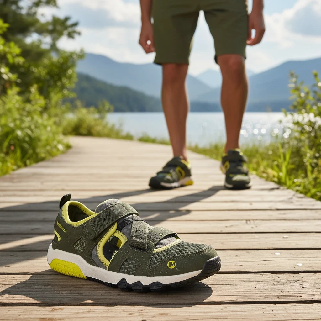 Allen's Bootery olive and lime water-friendly kids sandals with cross straps on a wooden boardwalk by a lake