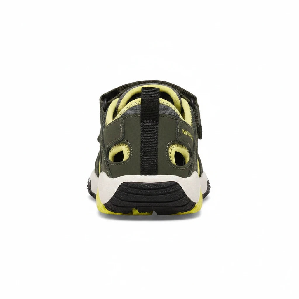 Allen's Bootery little kid's olive and lime water-friendly Hydro Free Roam sandal, rear view showing heel pull tab.