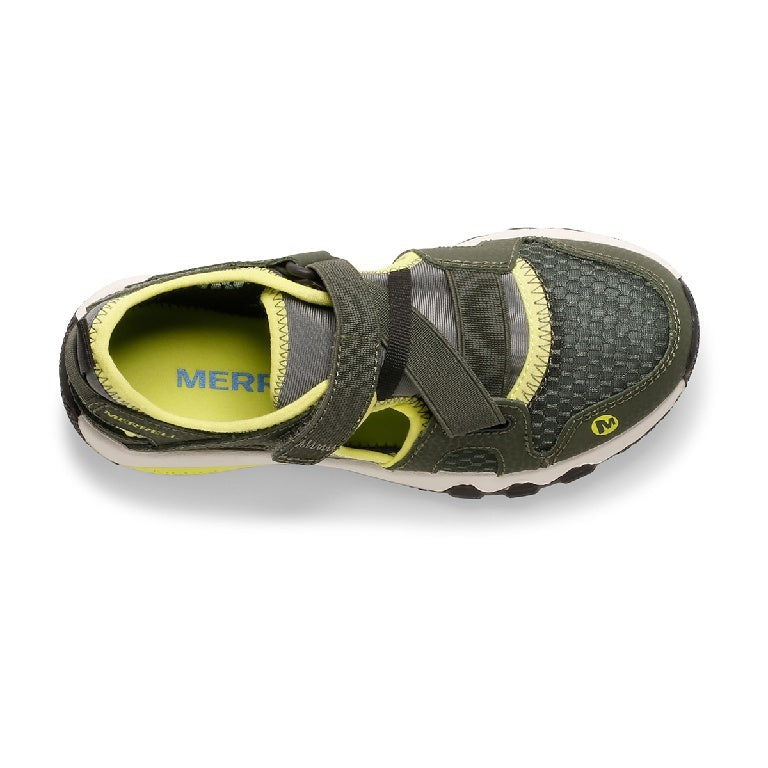 Allen's Bootery Hydro Free Roam olive and lime water shoe for kids with cross strap closure and flexible outsole