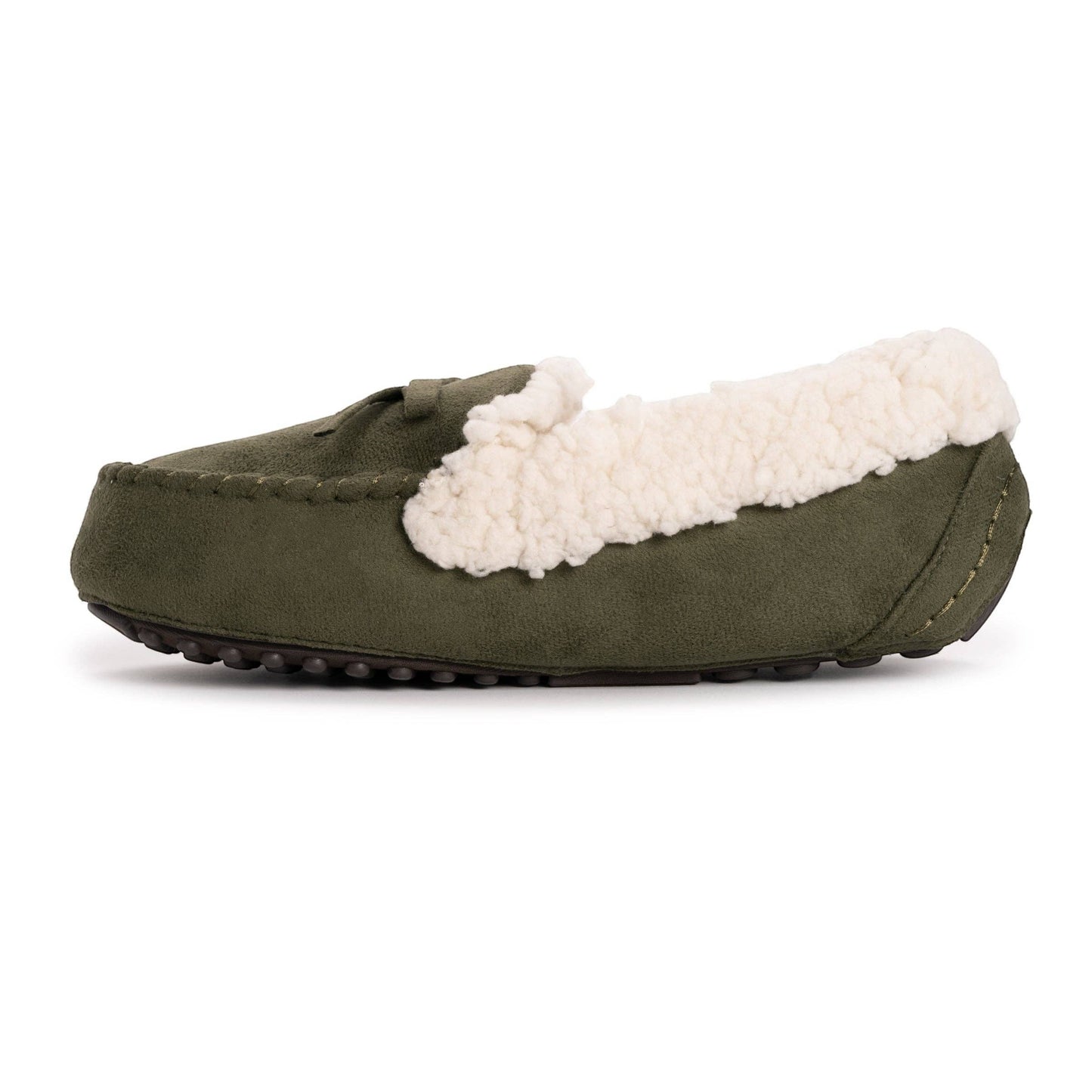 Allen's Bootery women's olive green faux suede moccasin slippers with plush sherpa lining and decorative bow.
