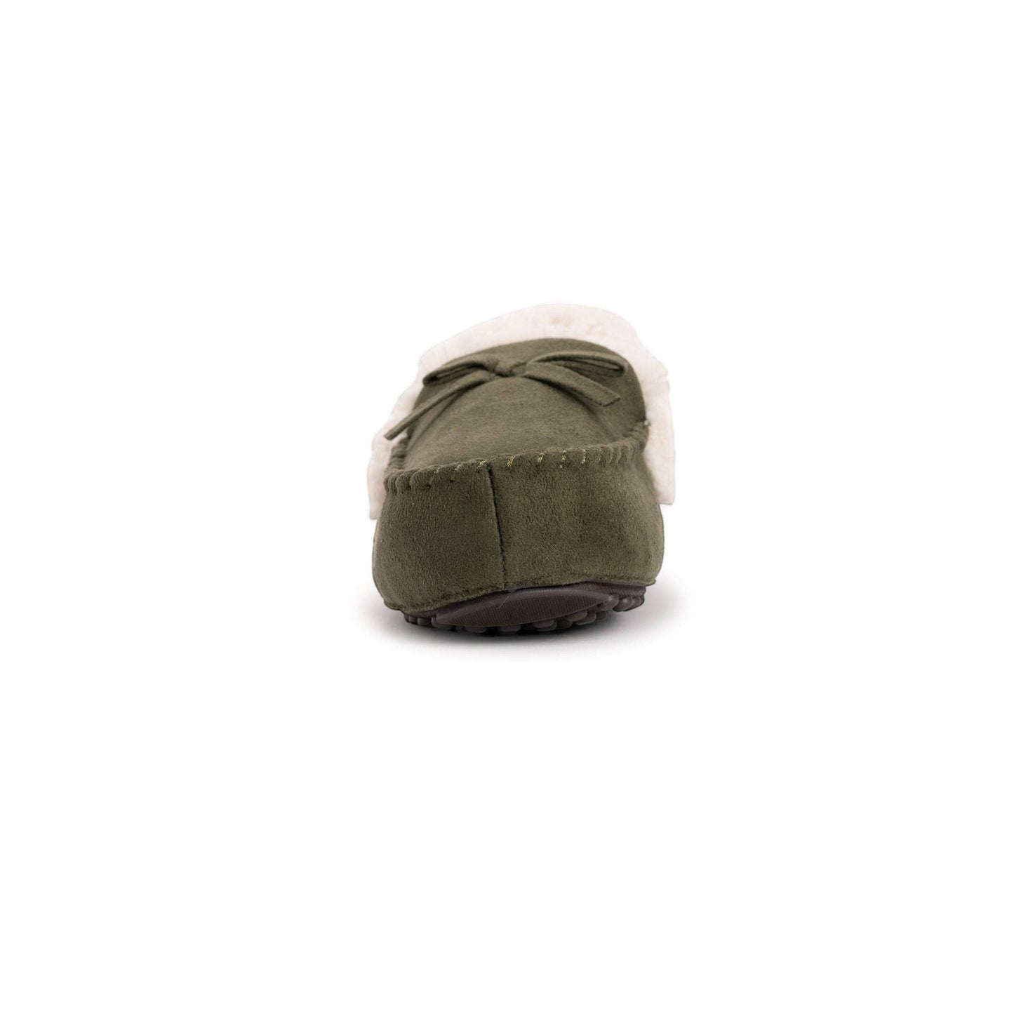 Allen's Bootery women's olive green faux suede moccasin slippers with white sherpa lining and decorative bow.