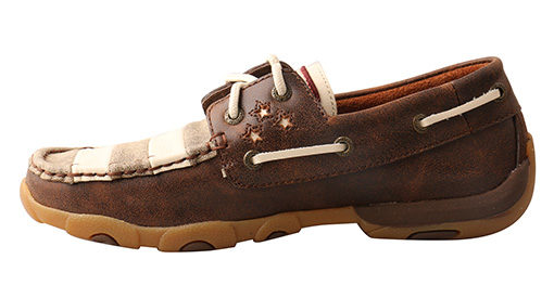 Allen's Bootery Twisted X patriotic brown leather boat driving moc with star cutouts and white striped detailing