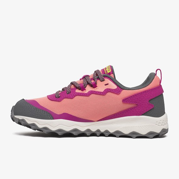 Allen's Bootery Berry/Coral Peregrine KDZ Shield all-terrain sneaker with mesh and leather upper, reinforced toe, and grippy outsole.