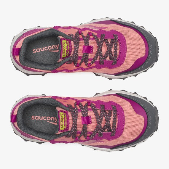 Allen's Bootery Berry/Coral Peregrine KDZ Shield all-terrain sneakers with mesh and leather upper, lace closure.