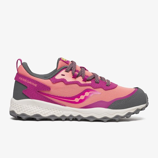 Allen's Bootery Peregrine KDZ Shield kids' trail running shoes in berry and coral pink with grey accents and a rugged outsole.