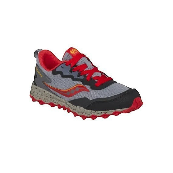 Allen's Bootery Big Kids Peregrine KDZ Shield grey trail running shoe with red and yellow accents and rugged outsole.