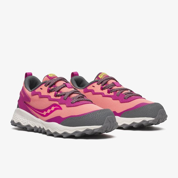 Allen's Bootery Peregrine KDZ Shield sneakers in berry and coral with grey toe cap and pink laces.