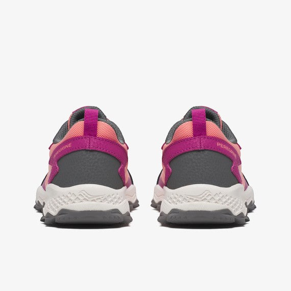 Allen's Bootery Peregrine KDZ Shield sneakers in berry and coral with grey accents and rugged outsole.