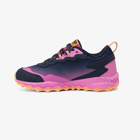 Allen's Bootery Big Kid's Peregrine Shield navy and pink all-terrain sneaker with reinforced toe and orange sole.