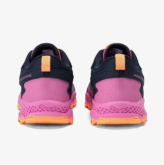 Allen's Bootery Big Kid's Peregrine Shield navy and pink all-terrain sneakers with grippy orange outsole.