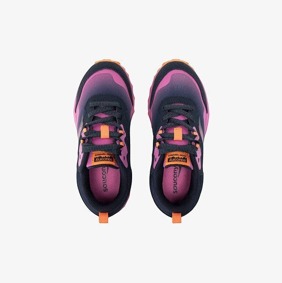 Allen's Bootery Big Kid's Peregrine Shield navy and pink all-terrain sneakers with lace closure and reinforced toe.