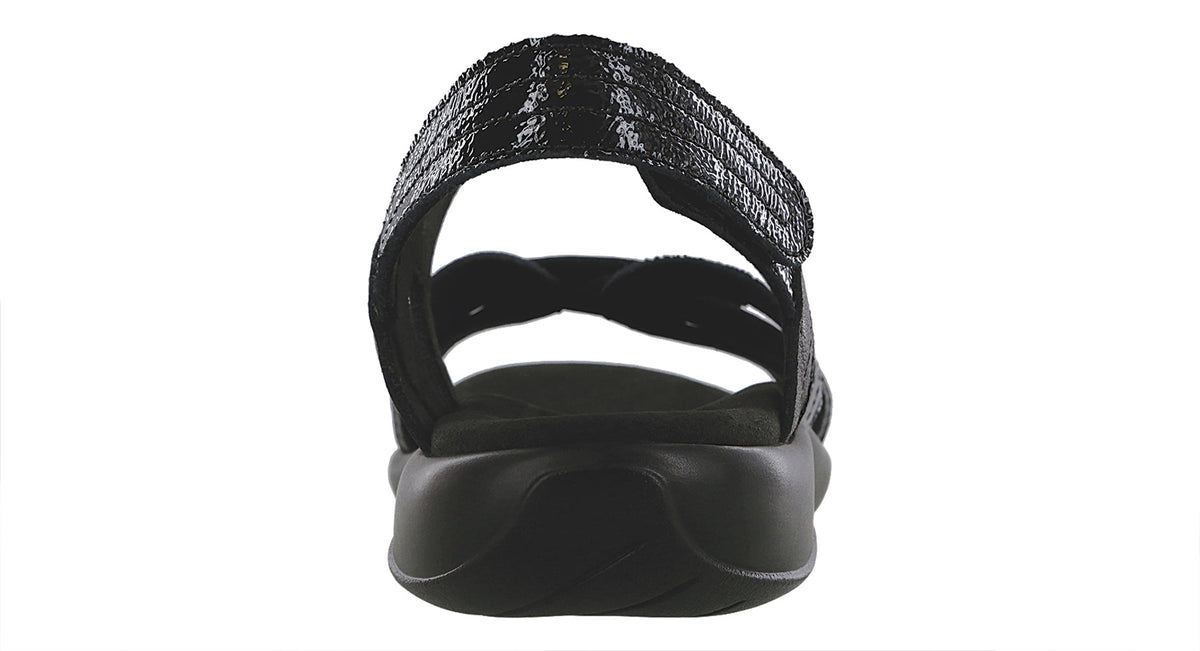 Allen's Bootery Pier black sandal featuring adjustable straps and a cushioned, shock-absorbing heel, back view.