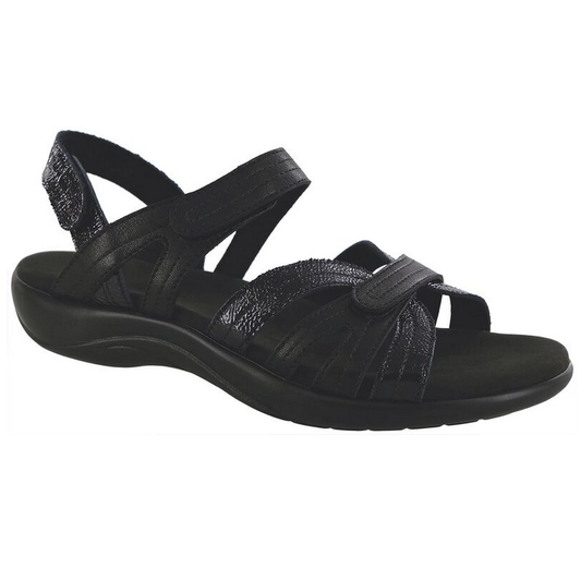 Allen's Bootery Pier black sandals with adjustable straps, cushioned insole, and shock-absorbing sole.
