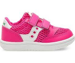 Allen's Bootery pink and white infant sneaker with mesh and leather upper and dual hook-and-loop closure straps