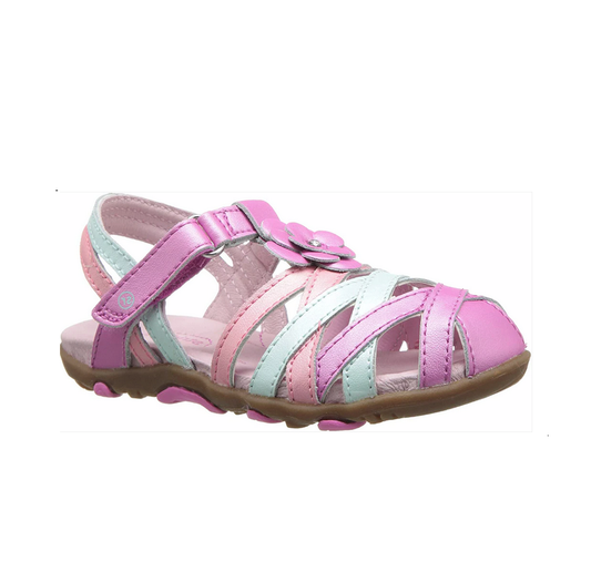 Allen's Bootery little kid's pink and white leather sandals with flower detail, hook and loop closure, and memory foam