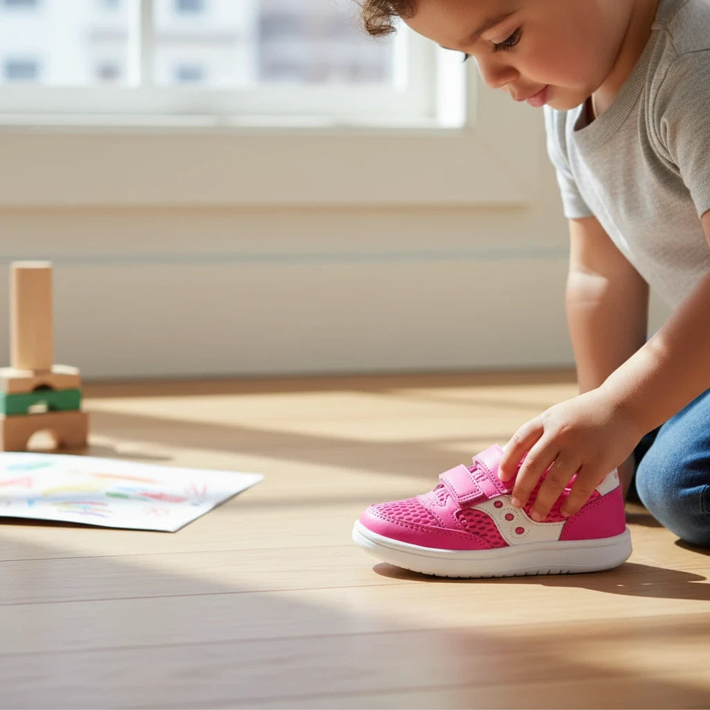 Toddler playing with a pink and white Allen's Bootery leather and mesh sneaker with an easy alternative closure