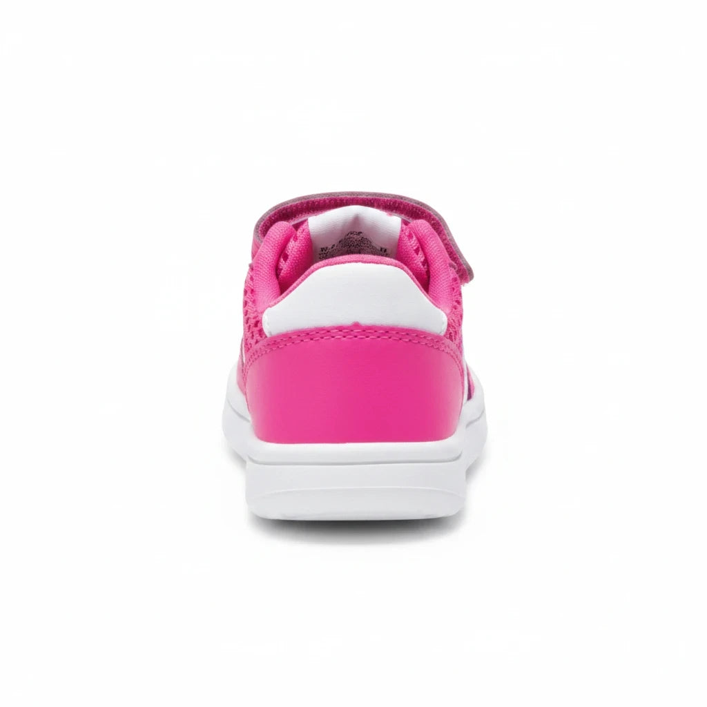Allen's Bootery infant Jazz sneaker in pink and white leather and mesh, shown from the back view.