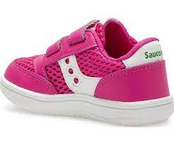 Allen's Bootery infant Saucony Jazz sneakers in pink and white with leather and mesh uppers and hook-and-loop closure