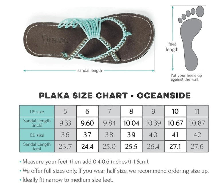 Allen's Bootery Plaka Oceanside flip-flop size chart with a visual guide on how to measure feet for hand-woven sandals.