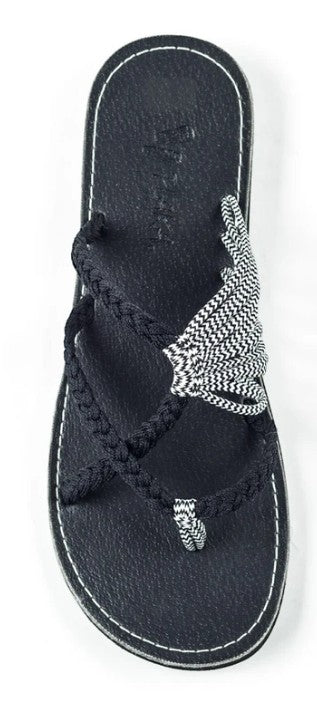 Allen's Bootery Plaka Oceanside hand-woven rope flip-flops in black and white zebra pattern with a durable rubber sole.