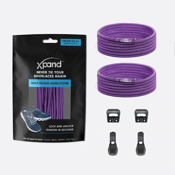 Allen's Bootery Xpand purple elastic quick-release shoelaces with locking anchors and end clips in retail packaging.