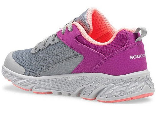 Allen's Bootery Big Kid's Wind sneaker in purple and grey with leather, mesh, and a durable rubber outsole.