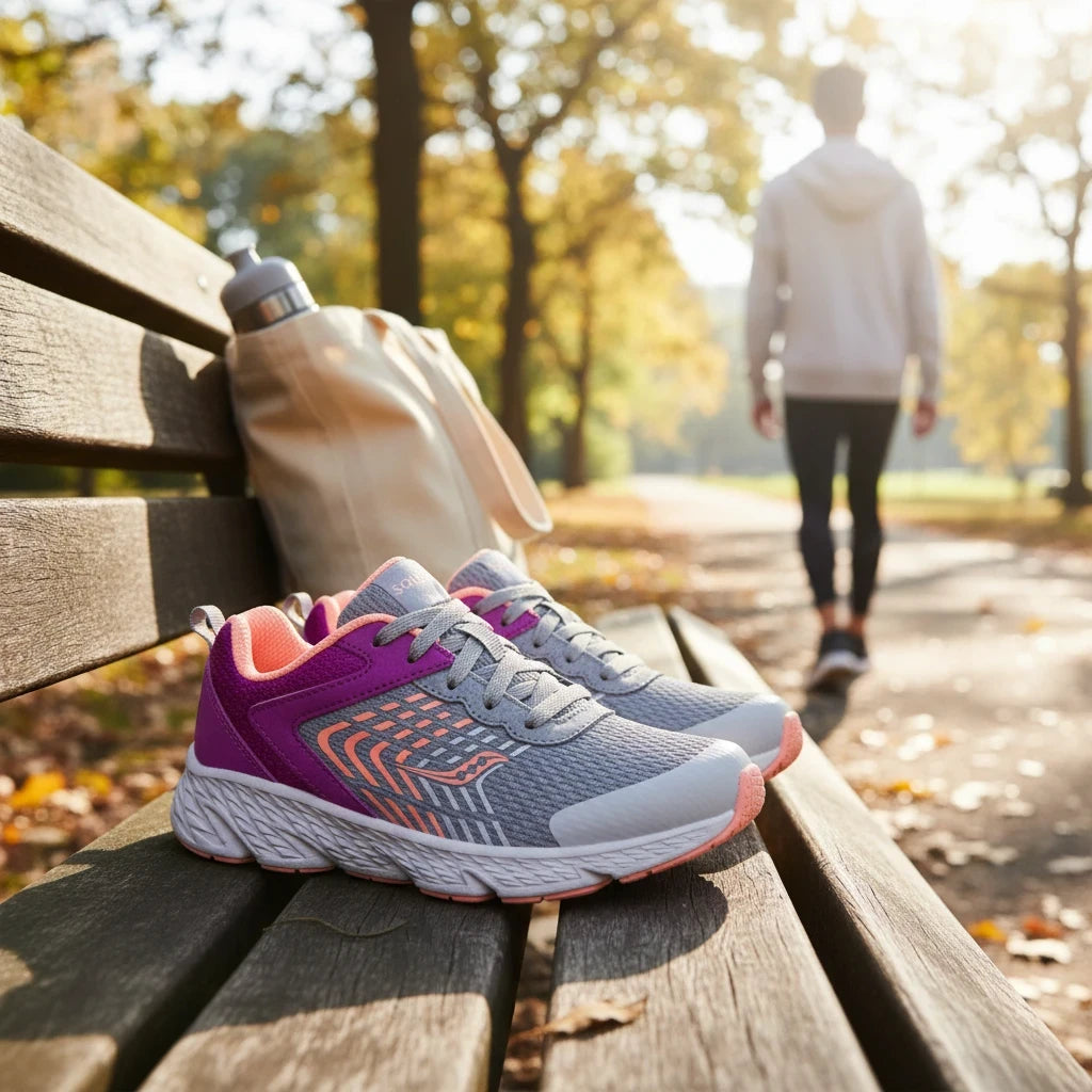 Allen's Bootery Big Kid's Wind purple and grey sneakers with mesh and leather upper on a park bench.