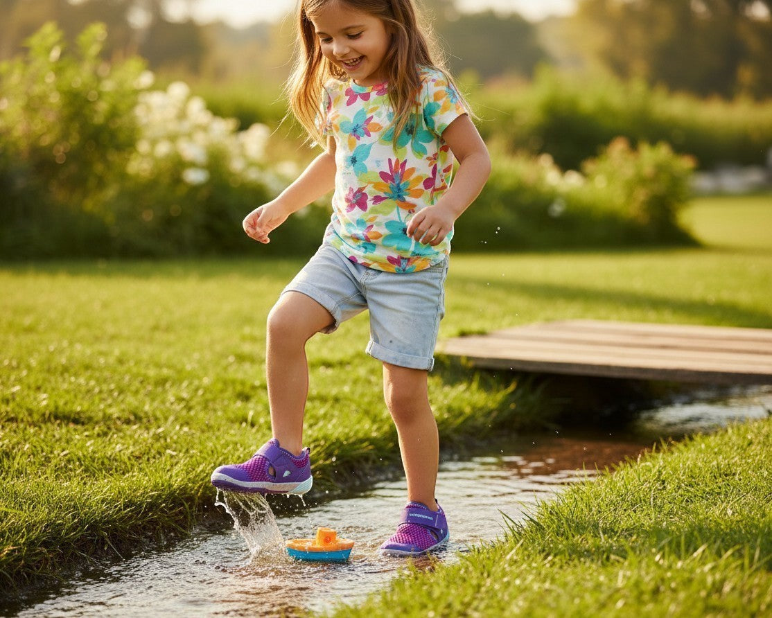Allen's Bootery Merrell Bare Steps H2O purple and turquoise water sneakers worn by a girl playing in a stream.