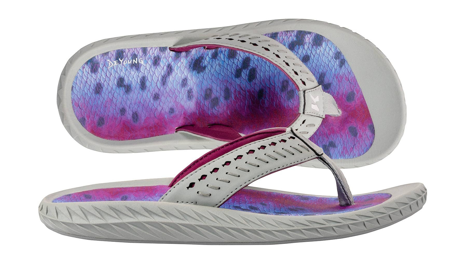 Allen's Bootery Women's Fish Flip rainbow trout print EVA flip-flops with white perforated straps and grey rubber sole.