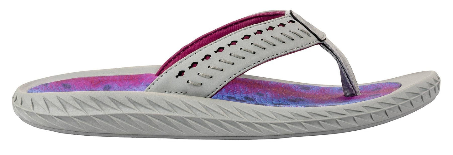 Allen's Bootery Women's Fish Flip rainbow trout sandals with grey straps and pink/purple fish print EVA footbed.