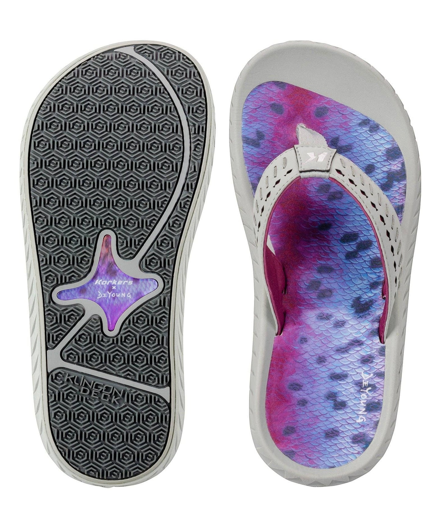Allen's Bootery Women's Fish Flip sandals with rainbow trout print footbed and grey EVA sole. Non-marking rubber outsole.