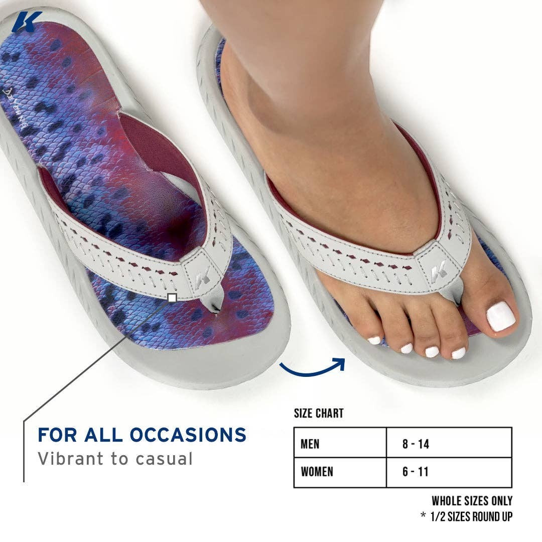 Allen's Bootery Women's Fish Flip flip-flops with a rainbow trout print footbed and grey EVA sole. White straps with decorative stitching.