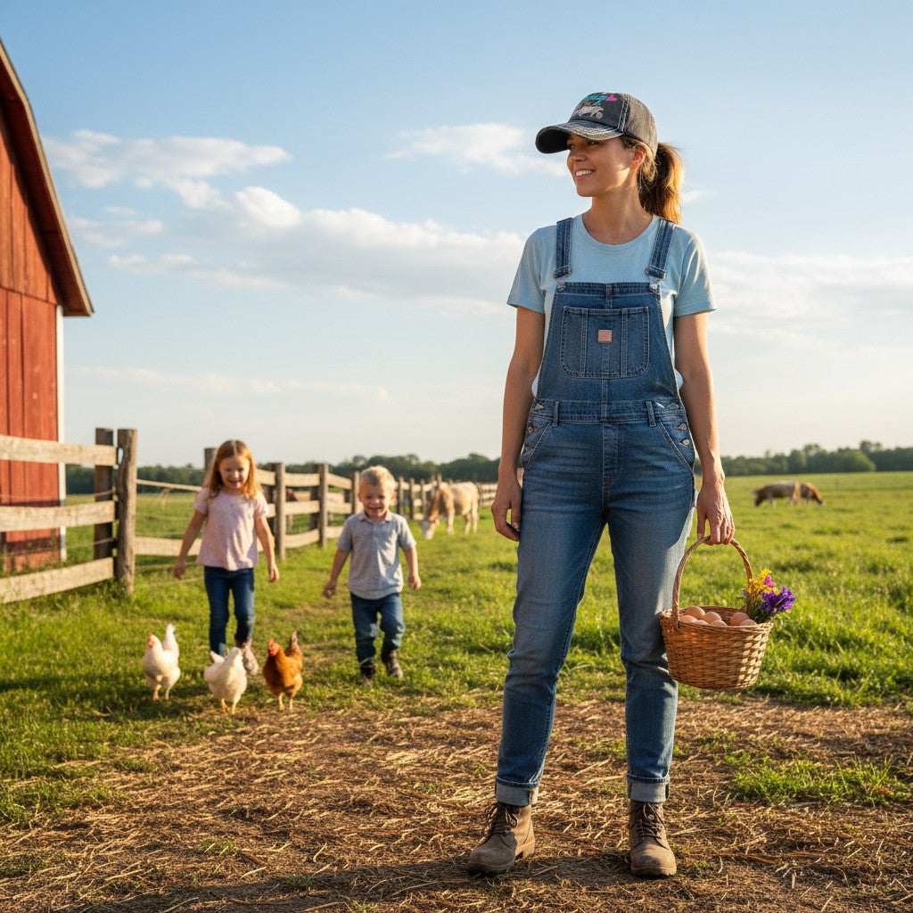 Woman wearing an Allen's Bootery Raising My Heard Hat, denim overalls, and boots on a farm with children and chickens.