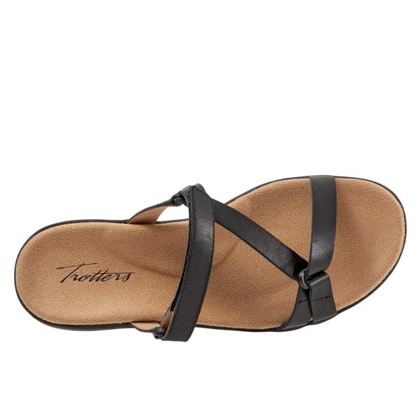 Allen's Bootery Raja black leather sandal with slim asymmetric straps and a comfortable memory foam footbed