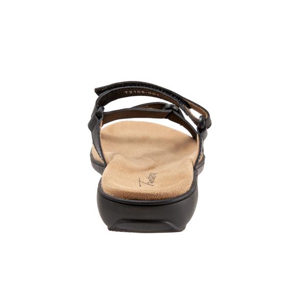 Allen's Bootery Raja black leather sandal with slim adjustable straps and a comfortable memory foam footbed