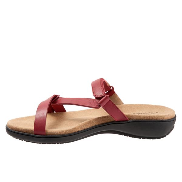 Allen's Bootery Raja red leather sandal with slim adjustable straps, microfiber footbed, and flexible rubber sole
