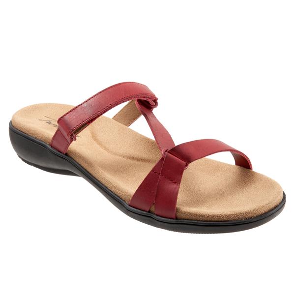 Allen's Bootery Raja red leather sandal with slim adjustable straps, memory foam footbed, and flexible rubber sole.