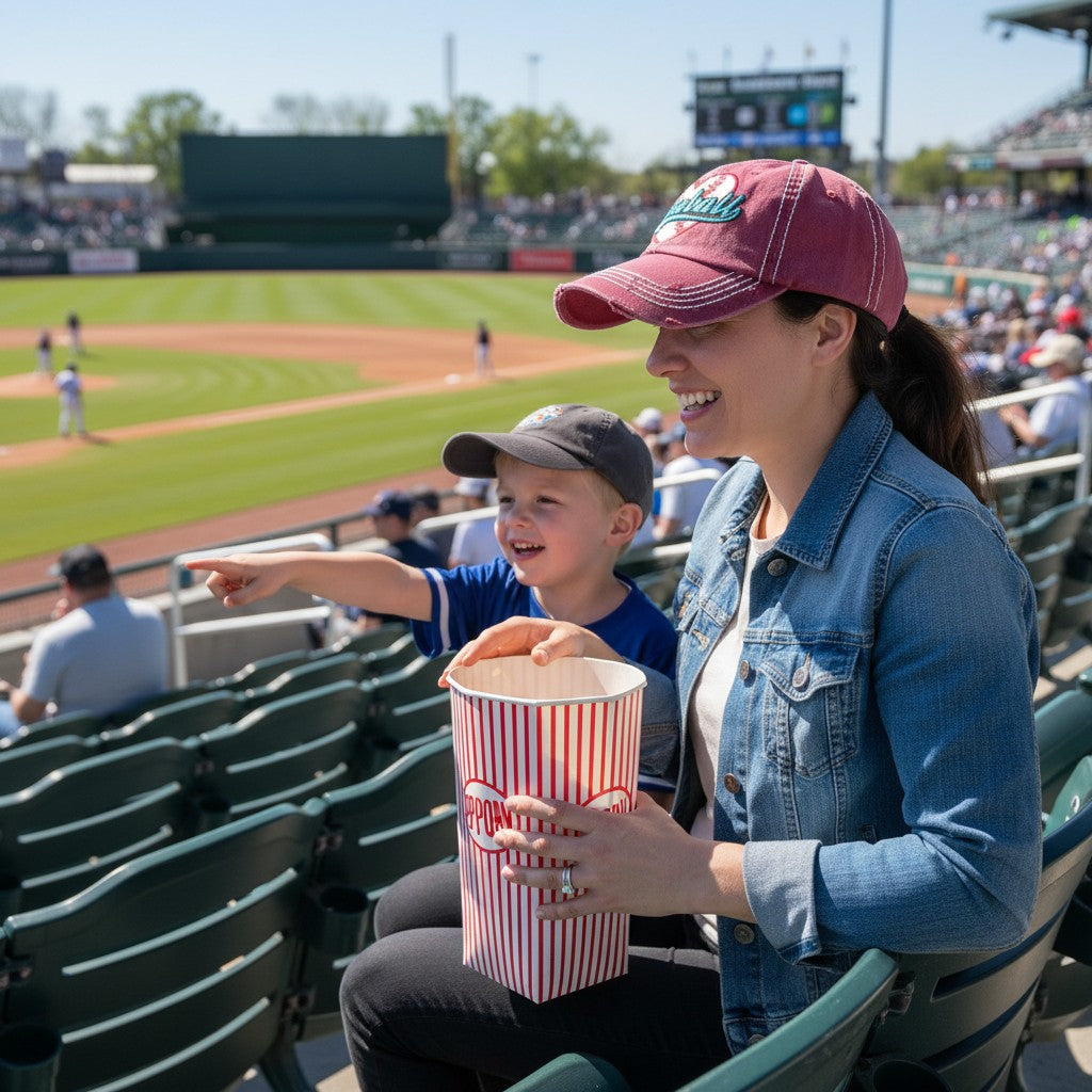 Allen's Bootery distressed red baseball mom hat worn by a woman holding popcorn at a baseball game.