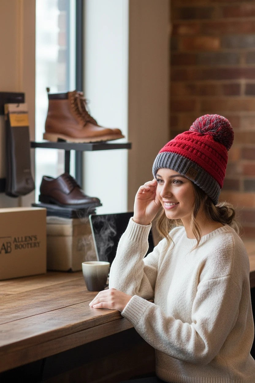 Woman wearing an Allen's Bootery red and grey cable knit beanie with a pom-pom in a cozy shop setting.