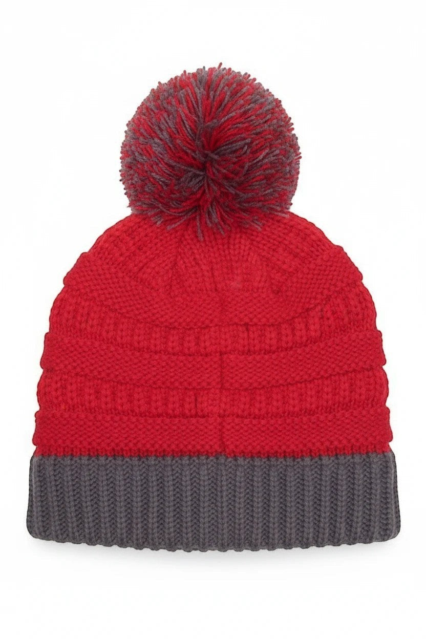 Allen's Bootery red and grey knit beanie with a matching two-tone pom-pom and ribbed cuff