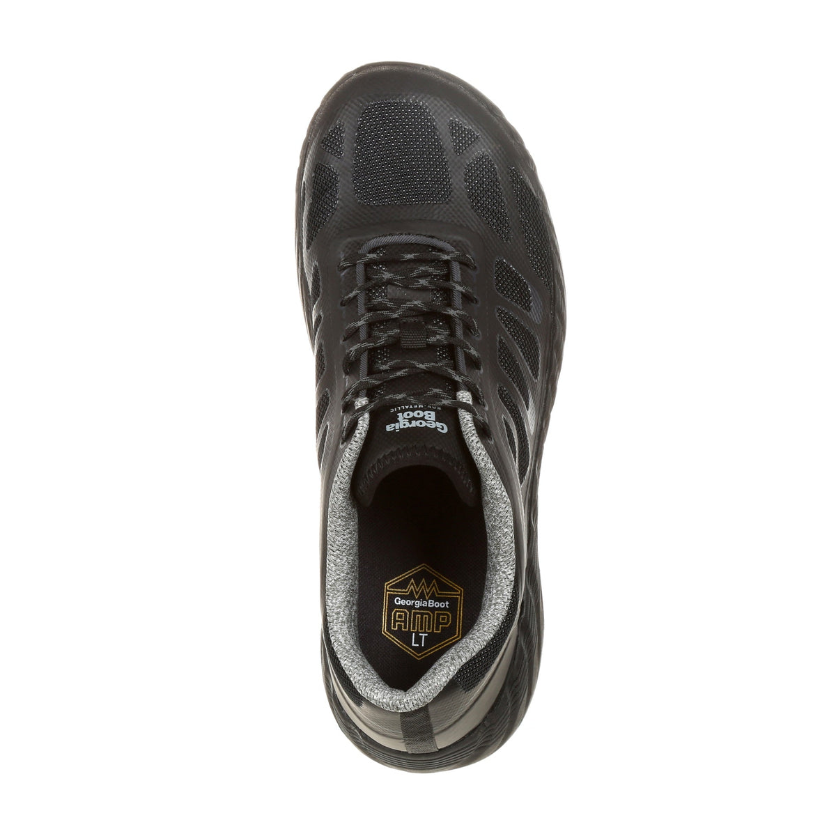 Allen's Bootery Georgia Boot ReFLX black composite toe work athletic shoe, top view showing mesh and TPU overlay.