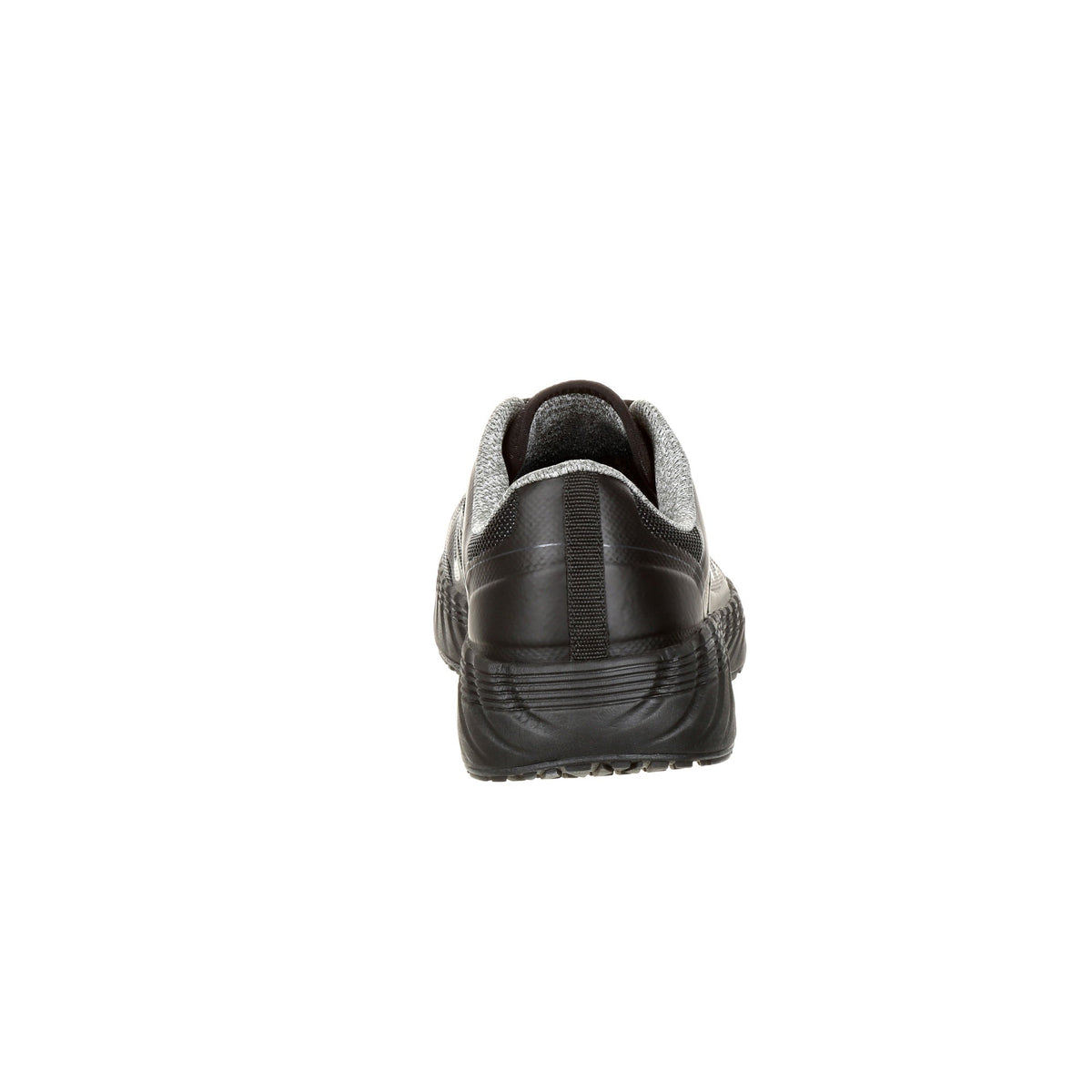 Rear view of the Allen's Bootery ReFLX composite toe work shoe featuring a black mesh upper and durable rubber outsole.