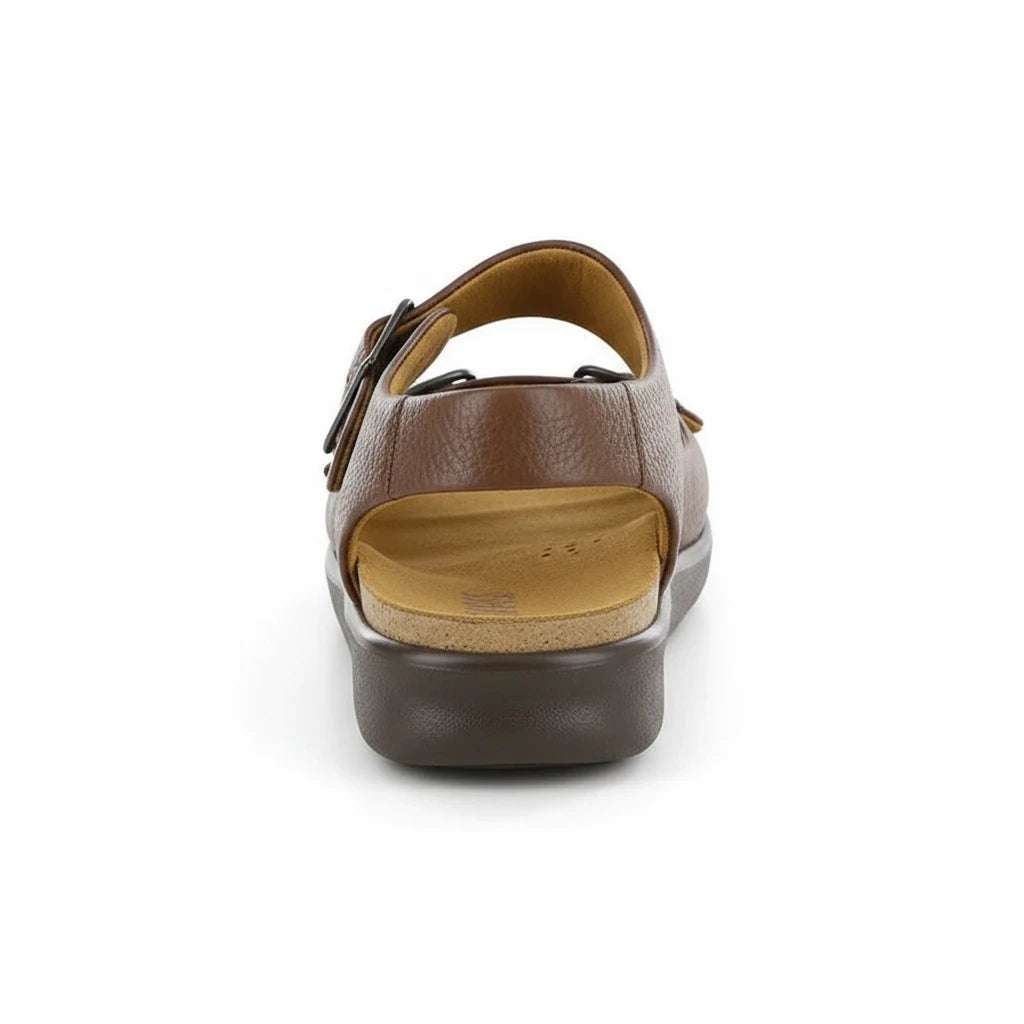 Allen's Bootery Relaxed Amber brown leather sandal with cushioned straps and adjustable buckle, back view