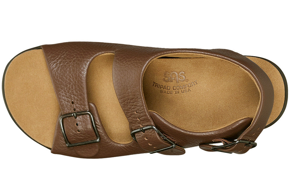 Allen's Bootery Relaxed amber brown leather sandals with adjustable buckle straps and cushioned footbed