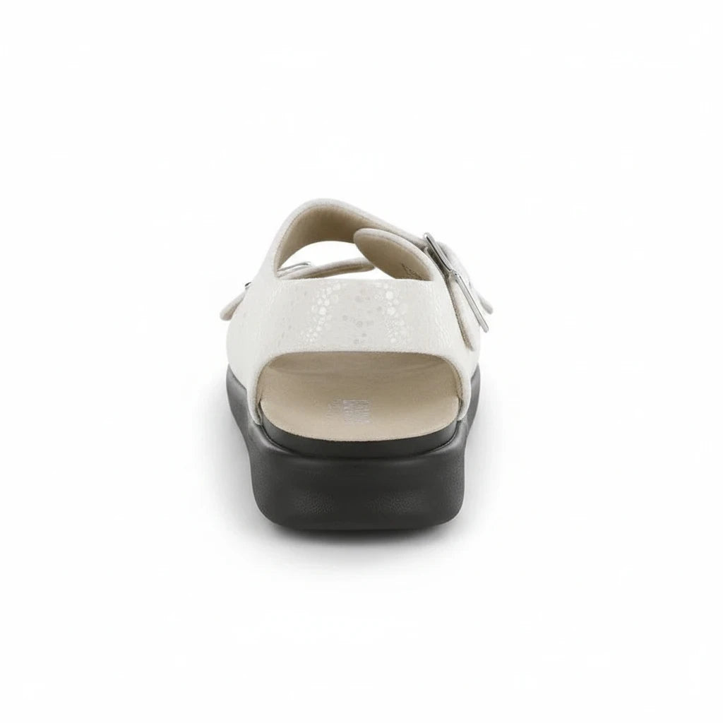 Allen's Bootery Relaxed vanilla leather sandal with cushioned straps and adjustable buckle, back view