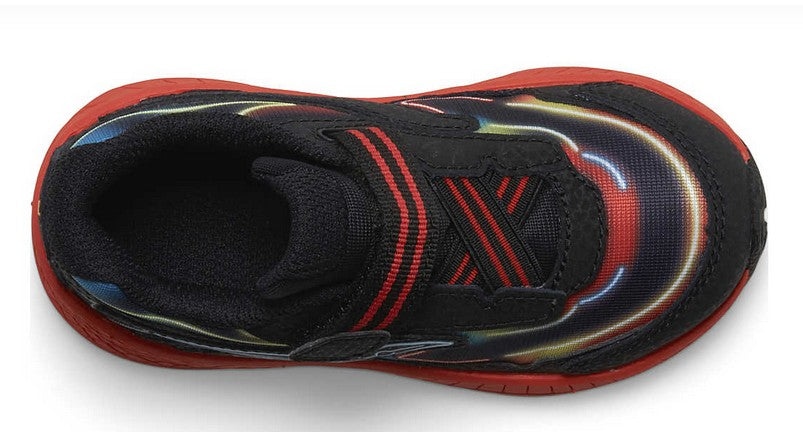 Allen's Bootery infant RIDE 10 JR sneaker in neon, black, and red with mesh upper and hook-and-loop closure